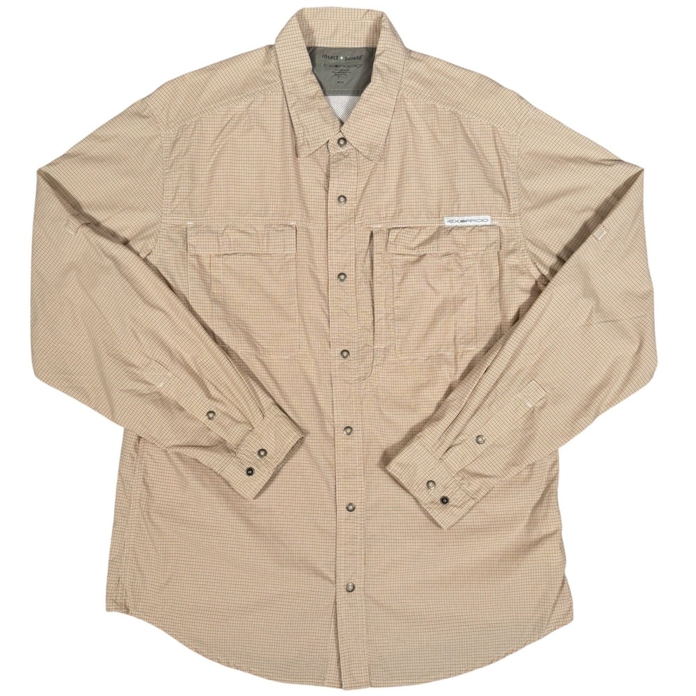 ExOfficio BugsAway Shirt Mens Large Tan Plaid Nylon Insect Shield Long Sleeve‎